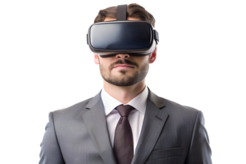 Businessman with a virtual reality 
headset isolated on a white background