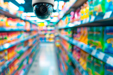 Indoor Security Camera Over Store Aisle. CCTV camera in store with colorful blurred aisle background, suitable for security and technology themes.