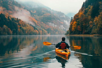 Rear View Kayaking Adventure in Autumn. Man kayaking on a calm lake surrounded by autumnal forest and fog.