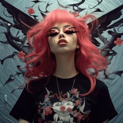 Obraz premium Photo of a woman in an expressive style, punk style. Young woman with pink hair against a wall