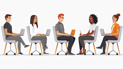 Obraz premium Office workers are sitting at desks, communicating with each other. Business Concept illustration. Editable flat graphic vector illustrations isolated on white background