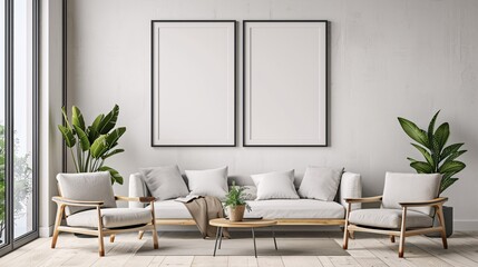 Blank poster frame on a wall in a living room with a mix of contemporary and traditional elements
