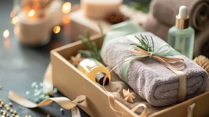 A carefully arranged gift box with spa and wellness products, including towels, soap, and plants