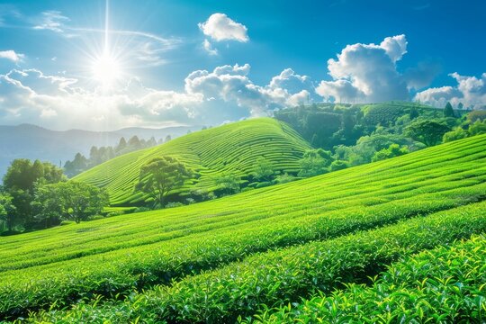 A stunning view of choui fong tea plantation in Maejan during sunset, a popular tourist attraction in Chiangrai Province, Thailand