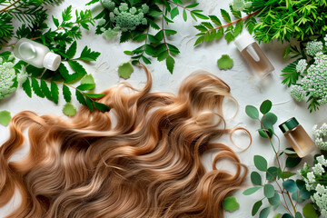 Top View of Wavy Hair with Botanicals. Top view of wavy brunette hair with green foliage and beauty products.