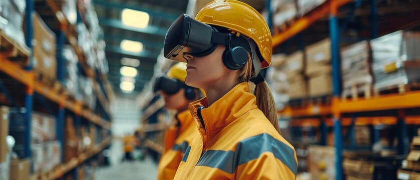 A team of logistics professionals wearing augmented reality headsets, using AI to improve warehouse operations.
