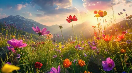 Fototapeta premium Vibrant Flowers under the Sunlit Sky and in Natural Surroundings
