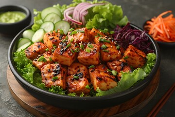 Fototapeta premium Grilled Tofu Salad with Fresh Vegetables for Healthy Eating Inspiration and Food Photography
