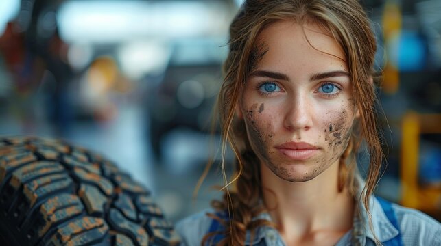 In the backdrop of a workshop and wheel, a charming young woman mechanic's portrait shines, reflecting her competence in auto services.