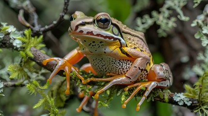 Obraz premium Close-up of a vibrant tree frog perched on a moss-covered branch in a lush, green rainforest.
