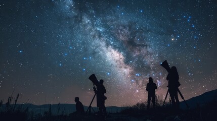 Starry night scene with scientists' silhouettes using telescopes, the Milky Way providing a dramatic backdrop, ambiance captured, raw