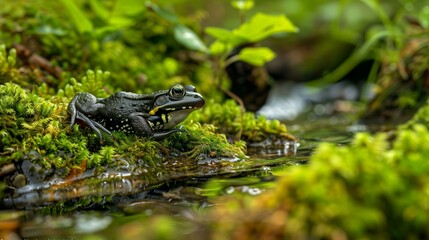 Close-up of a vibrant frog perched on mossy rocks near a gently flowing forest stream.