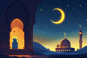 An Islamic Ramadan background with an open door leading to the interior of a mosque, a glowing moon and stars, framed by decorative arches.