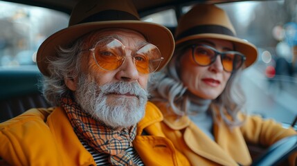The comfortably seated elderly couple in their car, aglow in their modern, stylish outfits, show that love knows no age.