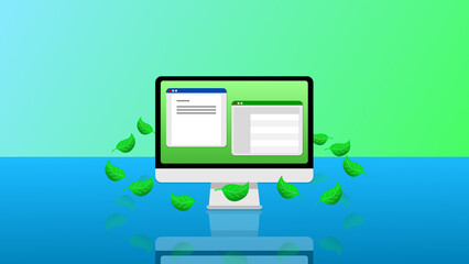 Un ordinateur vert entour&eacute; de feuilles pour repr&eacute;senter l'&eacute;cologie dans le cadre de la RSE