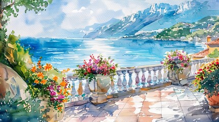 Fototapeta premium A watercolor painting of a balcony overlooking the Mediterranean Sea.