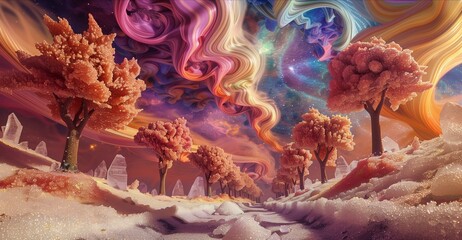 Fantastical winter landscape featuring pink, snow-covered trees and vibrant, swirling skies.