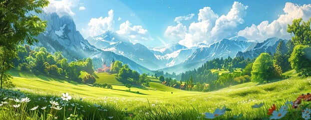 Fototapeta premium Serene Mountain Valley Landscape with a Church