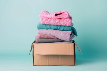 Box of clothes on pastel background, donation and reuse concept