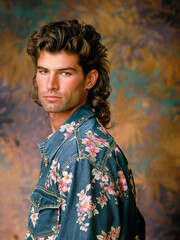 Portrait of a young man in the style of the 80s or 90s. Retro photo of a person dressed in vintage style. Nostalgic photo