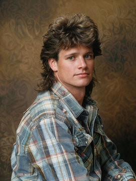 Portrait of a young man in the style of the 80s or 90s. Retro photo of a person dressed in vintage style. Nostalgic photo