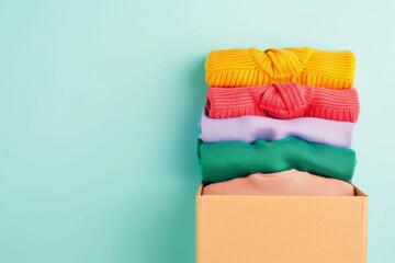 Box of clothes on pastel background, donation and reuse concept