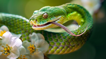 Fototapeta premium Green Snake on Flowers with Tongue Out, Generative AI