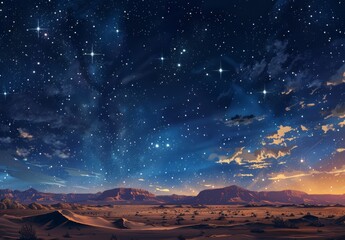 Obraz premium Against an abstract background, a sunset sky and stars are illuminated by the Milky Way