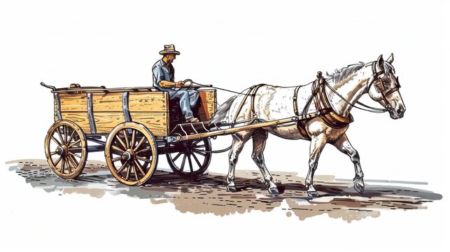 Classic horse-drawn wagon with a driver, hand-drawn style. Isolated on a white background. Vintage-style cart.