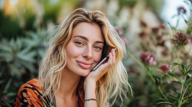 Young pretty smiling blonde woman talking over the phone on sunny day outdoors smiling