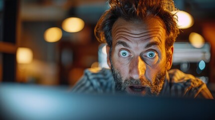 a man staring mesmerized and drooling at a computer, blurred office background