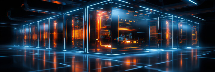 Fototapeta premium Modern Compact Data Center with High-Tech Server Racks and Glowing Neon Lights in Futuristic Setting at Night