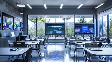 A contemporary classroom or study space featuring interactive panels and AI assistants, creating an engaging and modern learning environment. Generative AI