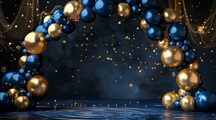 Elegant balloon arch decoration for special occasions like weddings, birthdays, and anniversaries. It features a dark blue and gold background with a round space for your custom message or photos.