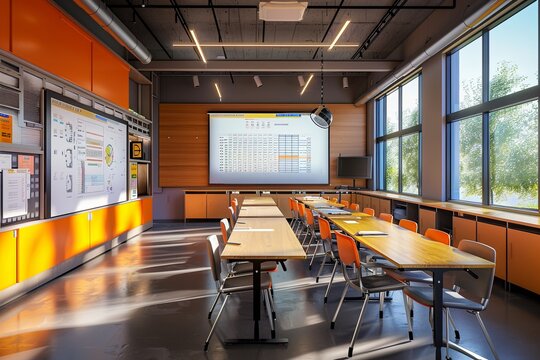 A modern classroom with interactive panels and AI assistants, designed for an engaging and collaborative learning environment. Generative AI
