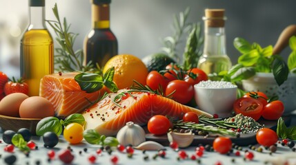 Fresh and vibrant Mediterranean cooking ingredients beautifully arranged with oils and herbs.