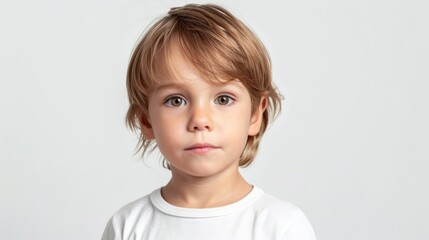 Naklejka premium Little boy in white t shirt on white background for design closeup