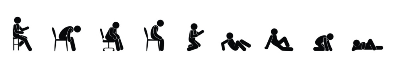 sitting man, icon set, stick figure, sitting people, stickman isolated silhouettes