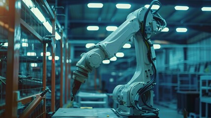 An industrial automatic robotic arm in a modern factory using advanced machines in the production process.