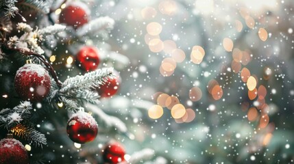 Christmas tree with red ornaments and snowflakes, Generative AI