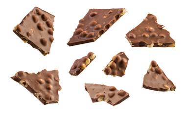 Pieces of hazelnut milk chocolate isolated on transparent background. PNG image.