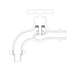 Water tap section view in black and white