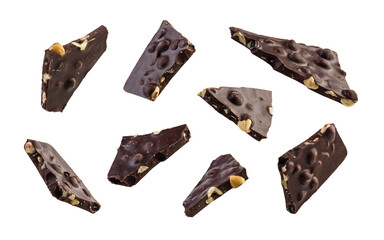 Pieces of hazelnut dark chocolate isolated on transparent background. PNG image.