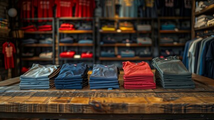 Neatly folded shirts on a wooden table in a stylish clothing store, with shelves filled with various apparel in the background.