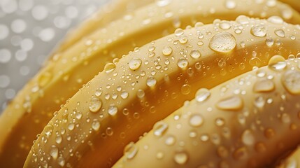 Fresh bananas with water droplets, symbolizing the natural and healthy nature of banana fruits. making it ideal for promotional materials or product ads in the style of product ads.
