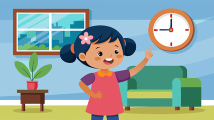 asian-girl-kid-pointing-her-arms-at-a-wall-clock