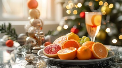 Festive table arrangement with fresh citrus fruits and holiday decorations in a cozy, ambient setting.