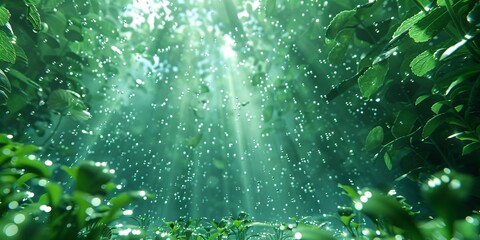 Morning sun rays passing through green grass and small drops of dew, shimmering effect.
Concept: nature, morning, freshness, the beginning of a new day, harmony, inspiration, tranquility, backgrounds 