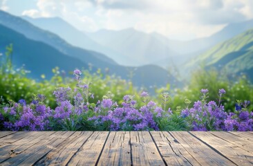Obraz premium An advertising display concept with beautiful verbina flowers in front of a wooden desk and a blurred mountain view background