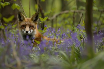 A wild red fox in the woodland amongst the bluebells